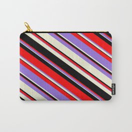 [ Thumbnail: Red, Purple, Beige & Black Colored Pattern of Stripes Carry-All Pouch ]