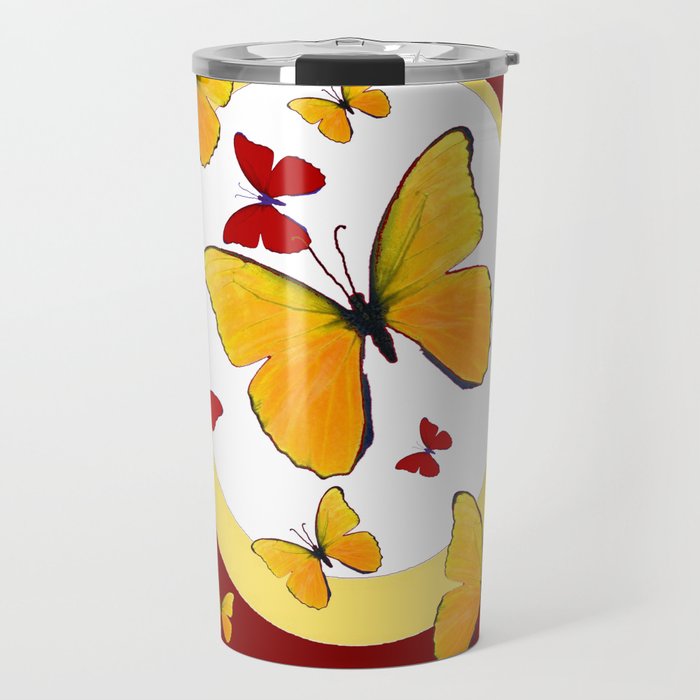 RED & YELLOW BUTTERFLIES &  YELLOW RING BURGUNDY ABSTRACT ART Travel Mug