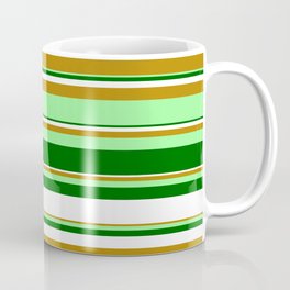 [ Thumbnail: Dark Goldenrod, Green, Dark Green, and White Colored Stripes Pattern Coffee Mug ]