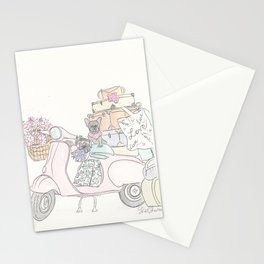 Pink Scooter French Bulldog Cat Road Trip Stationery Cards