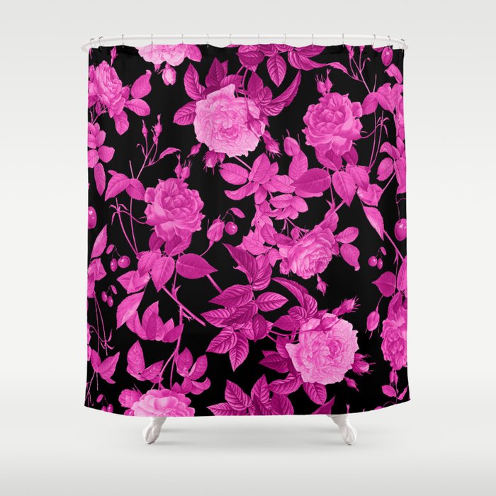 Pink Roses Pattern with Leaves and Cherries Shower Curtain