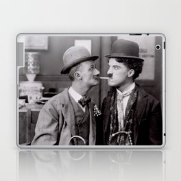 The tramp reluctantly shares a cigarette; vintage Charlie Chaplin funny Hollywood movie portrait black and white photograph - photography - photographs Laptop Skin