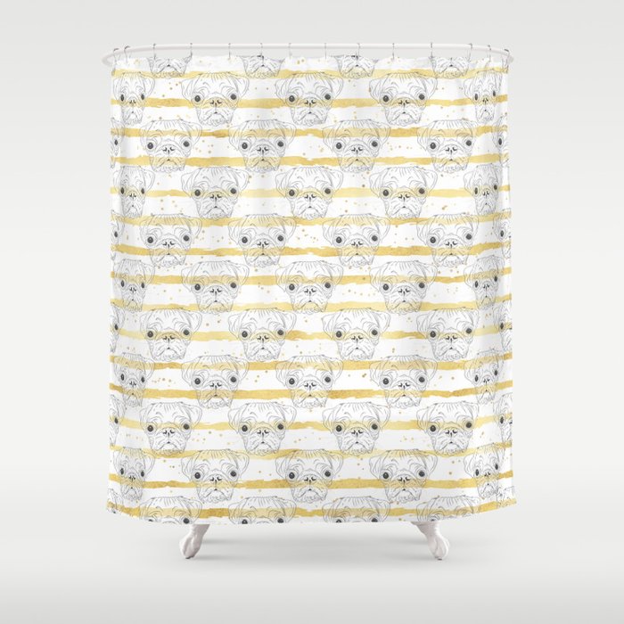 Cute hand drawn pug dog and golden stripes pattern Shower Curtain