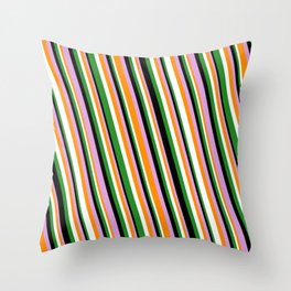 [ Thumbnail: Eye-catching Forest Green, Black, Plum, Dark Orange, and White Colored Striped Pattern Throw Pillow ]