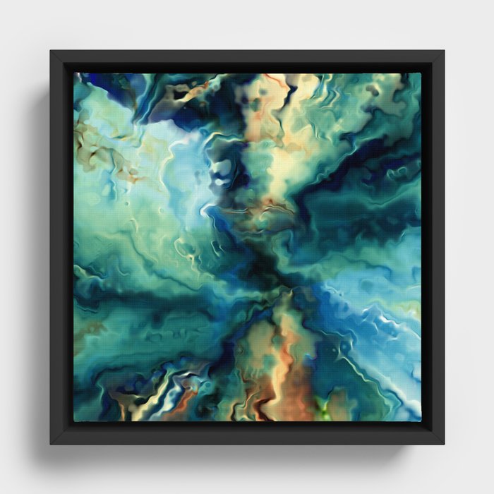 Marbled Ocean Abstract, Navy, Blue, Teal, Green Framed Canvas
