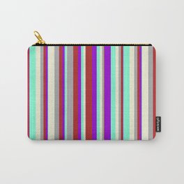 [ Thumbnail: Dark Violet, Red, Dark Grey, Beige & Aquamarine Colored Striped Pattern Carry-All Pouch ]