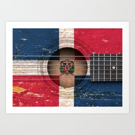 Old Vintage Acoustic Guitar with Dominican Flag Art Print | Dominicanmusic, Dominicanguitar, Flagofdominicanrepublic, Musician, Beatupguitar, Dominicanrepublic, Vintage, Oldacousticguitar, Guitarist, Dominicanpride 