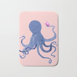 Blue Octopus and Butterfly Bath Mat | Digital, Tentacles, Marine, Ocean, Painting, Coast, Home Decor, Animal, Butterfly, Nature 