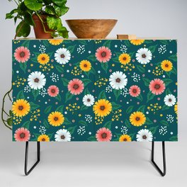 Colorful Spring Flowers Pattern in Teal Blue Background Credenza