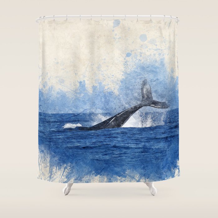 Watercolor Whale Nautical Beach House Print Shower Curtain By