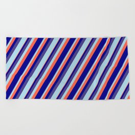 [ Thumbnail: Dark Slate Blue, Light Blue, Red, and Dark Blue Colored Lined Pattern Beach Towel ]