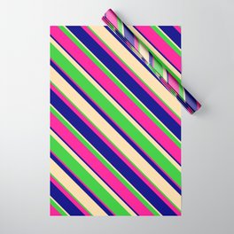 [ Thumbnail: Lime Green, Deep Pink, Blue, and Tan Colored Striped Pattern Wrapping Paper ]
