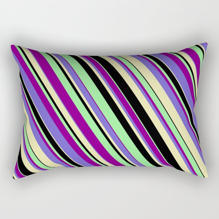 Light Green, Purple, Slate Blue, Pale Goldenrod, and Black Colored Lines/Stripes Pattern Rectangular Pillow