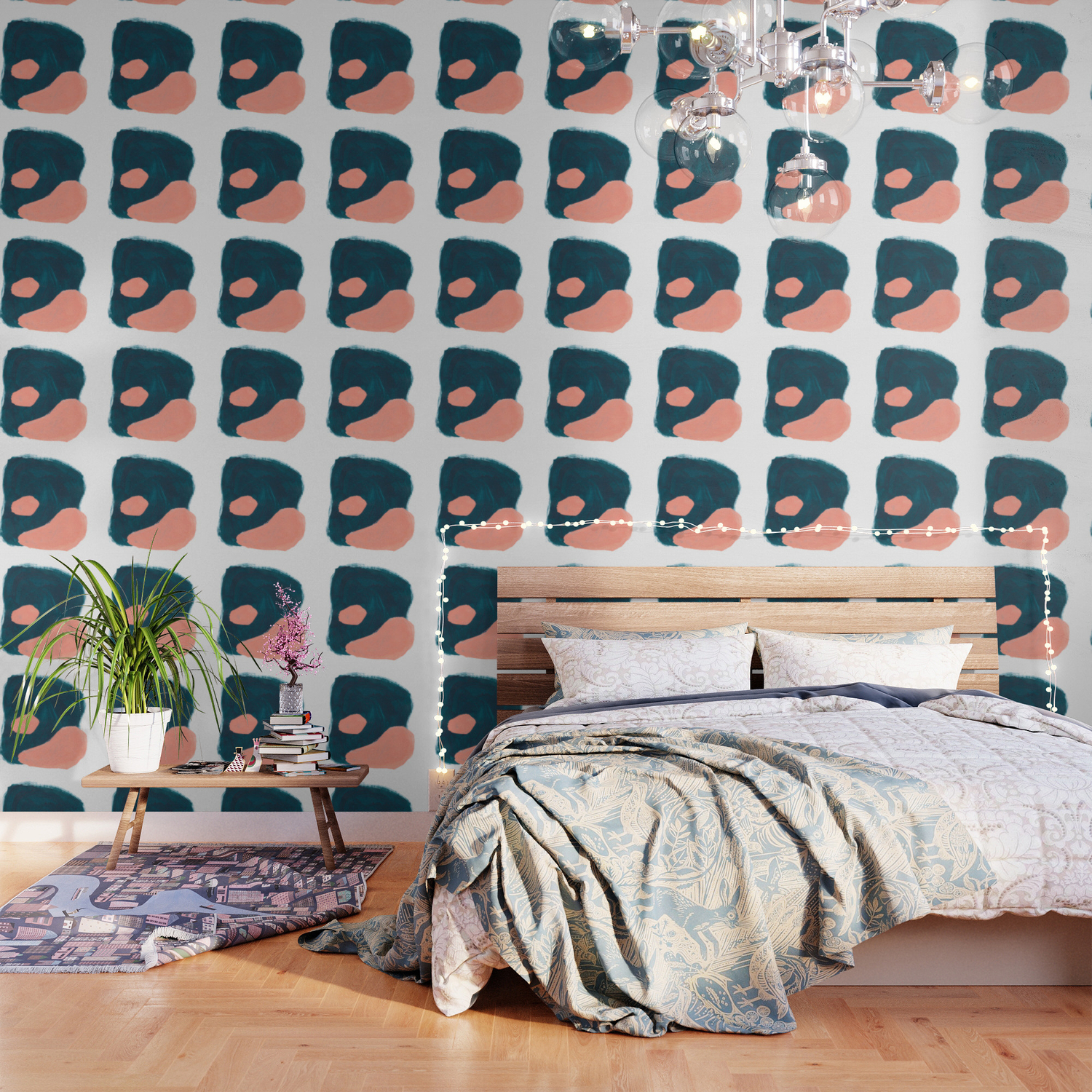 Minimalist Abstract Colorful Mid Century Modern Art Painting Teal Blue Salmon Pink Blobs Wallpaper