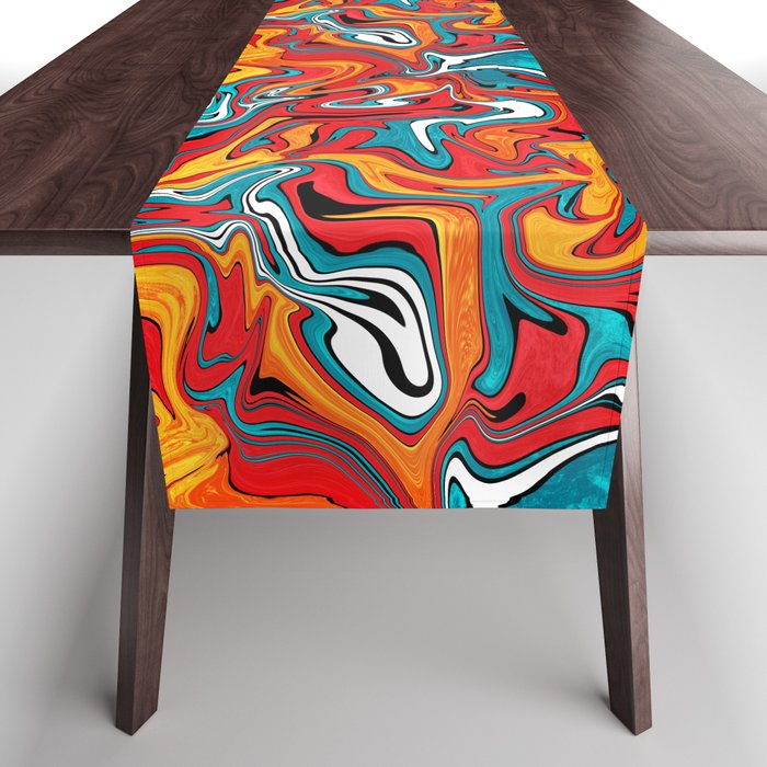 Colorful fluid art sunny orange and sea blue, abstract warm swirly texture Table Runner