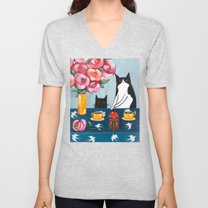 Cats and French Press Coffee V Neck T Shirt