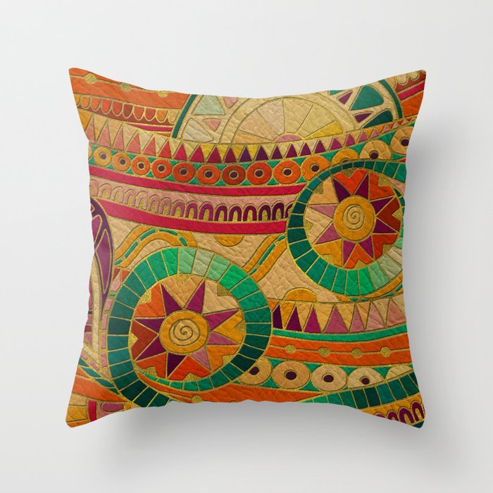 Colorful Tribal Ethnic  Pattern Embossed on Leather Throw Pillow