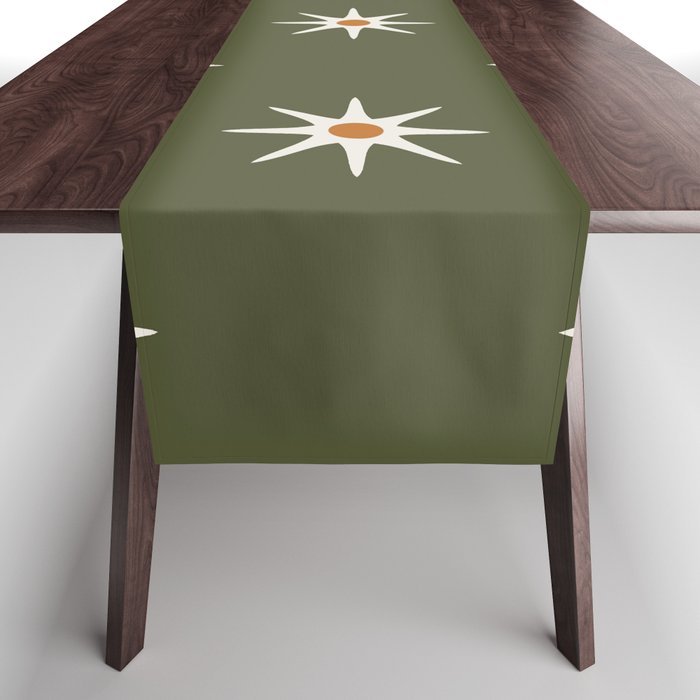 Atomic mid century retro star flower pattern in olive green background Table Runner