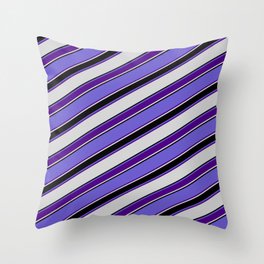 [ Thumbnail: Slate Blue, Indigo, Light Grey, and Black Colored Lined Pattern Throw Pillow ]