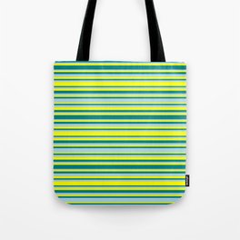 [ Thumbnail: Yellow, Teal, and Light Blue Colored Stripes Pattern Tote Bag ]