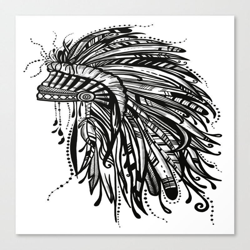 Native American Indian Headdress Warbonnet Black And White Canvas Print