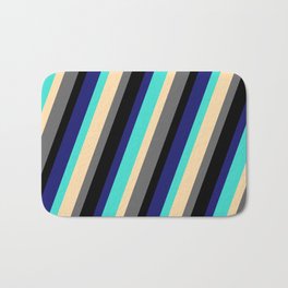 [ Thumbnail: Eye-catching Turquoise, Tan, Dim Grey, Black, and Midnight Blue Colored Lines/Stripes Pattern Bath Mat ]