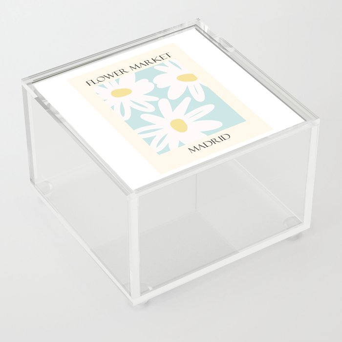 Retro Flower market print, Madrid, Chamomile, Daisy art print, Cute white on blue flowers,  Acrylic Box