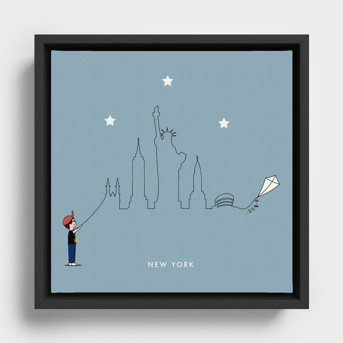 New York Skyline Kite Boy Framed Canvas