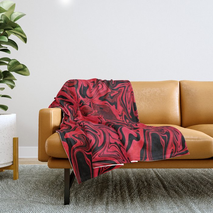Red and black fluid art, punk rock red abstract swirl marble Throw Blanket