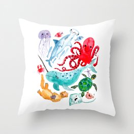 Ocean Creatures - Sea Animals Characters - Watercolor Throw Pillow
