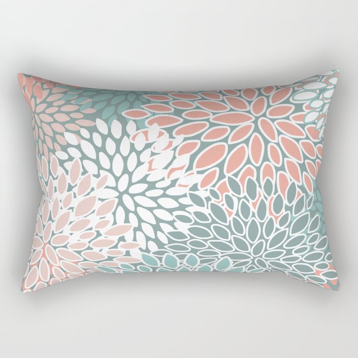 Festive, Floral Prints, Teal and Coral Rectangular Pillow