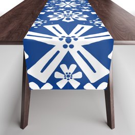 Navy Blue Folk Art Flowers Retro Modern Pattern Table Runner