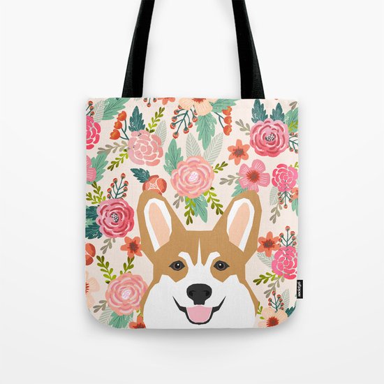Welsh Corgi cute flowers spring summer garden dog portrait cute corgi puppy funny god illustrations Tote Bag