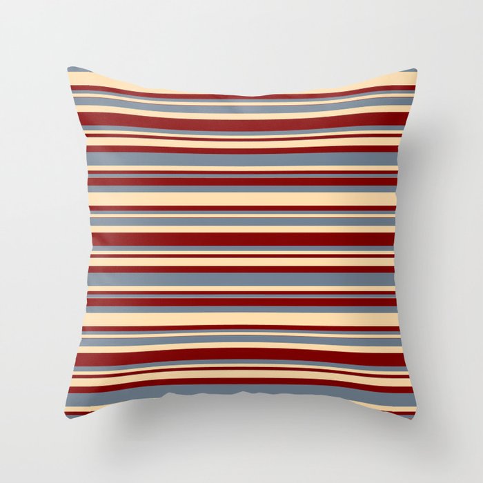 Slate Gray, Tan, and Maroon Colored Striped/Lined Pattern Throw Pillow