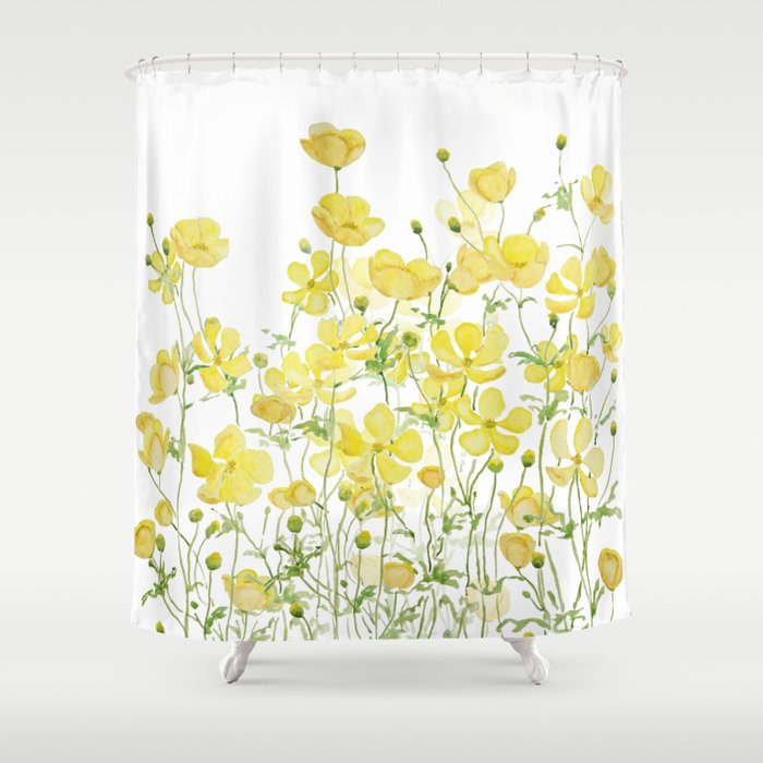 yellow buttercup flowers filed watercolor  Shower Curtain