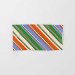 [ Thumbnail: Bisque, Red, Cornflower Blue & Forest Green Colored Stripes/Lines Pattern Hand & Bath Towel ]