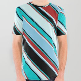 [ Thumbnail: Colorful Black, Dark Turquoise, Red, Light Cyan, and Sky Blue Colored Pattern of Stripes All Over Graphic Tee ]
