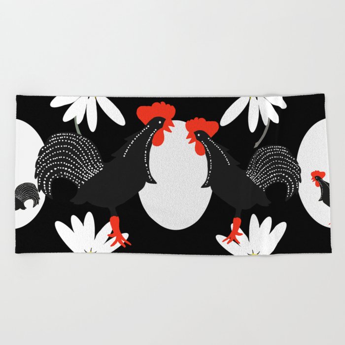 Black Roosters And White Flowers Retro Mood #decor #society6 #buyart Beach Towel