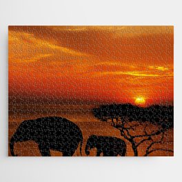 South Africa Photography - The Silhouette Of Elephants  In The Sunset Jigsaw Puzzle
