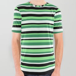 [ Thumbnail: Light Green, Sea Green, Mint Cream & Black Colored Pattern of Stripes All Over Graphic Tee ]