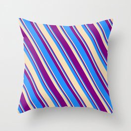 [ Thumbnail: Blue, Tan, and Purple Colored Striped Pattern Throw Pillow ]