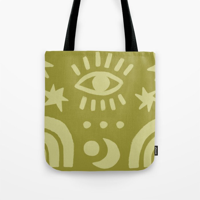 Celestial rainbows in green olive Tote Bag