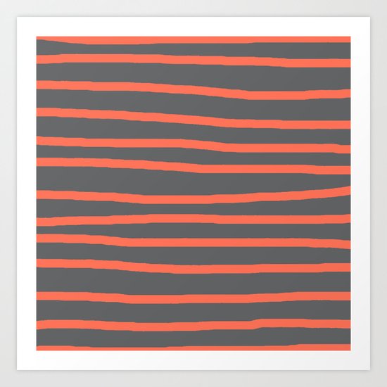 Simply Drawn Stripes Deep Coral on Storm Gray Art Print