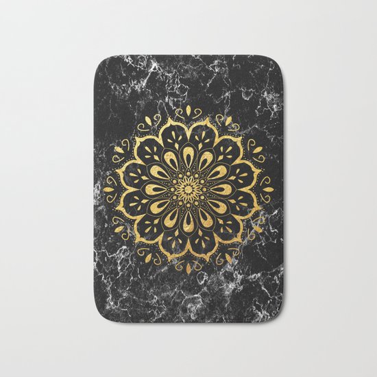 Gold mandala on black marble Bath Mat