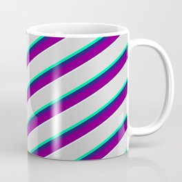 [ Thumbnail: Vibrant Light Gray, Green, Midnight Blue, Purple & Light Cyan Colored Striped/Lined Pattern Coffee Mug ]
