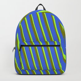 [ Thumbnail: Green, Royal Blue, and Light Green Colored Lines/Stripes Pattern Backpack ]