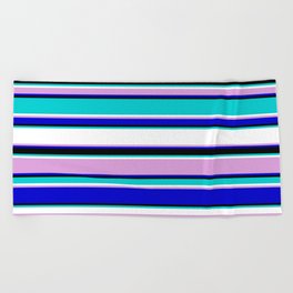 [ Thumbnail: Eye-catching Dark Turquoise, White, Plum, Blue & Black Colored Lined/Striped Pattern Beach Towel ]