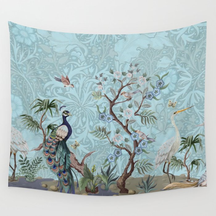 Chinoiserie Peacock Heron Floral Garden & William Morris Art Wall Tapestry