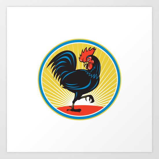 Rooster Cockerel Marching Side Retro Art Print