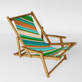 [ Thumbnail: Colorful Tan, Teal, Turquoise, Green, and Chocolate Colored Lines Pattern Sling Chair ]